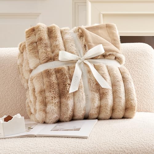 Cozy Bliss Faux Fur Throw Blanket for Couch, Cozy Warm Plush Striped