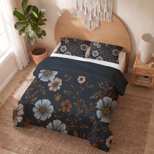 Charcoal Gray Retro Floral Vines King Duvet Cover Set Microfiber