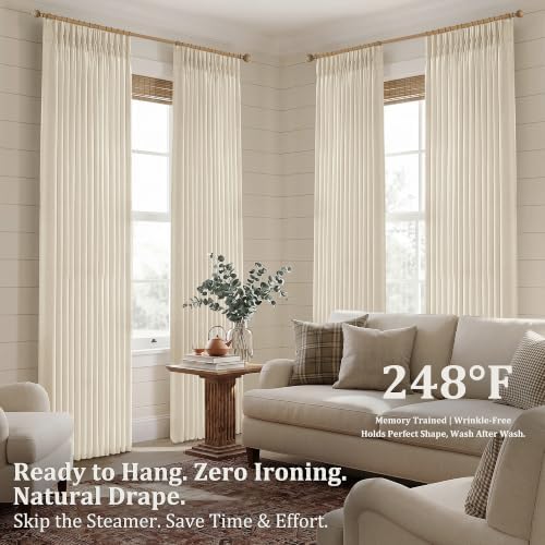 Pinch Pleated Linen Curtains 96 Inch, 2 Panels Premium 400GSM Memory