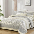 WONGS BEDDING Boho Quilt Set Queen,3 Pcs Beige Floral Striped