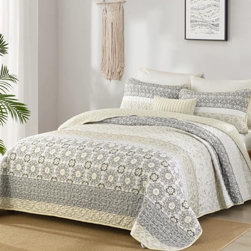WONGS BEDDING Boho Quilt Set Queen,3 Pcs Beige Floral Striped