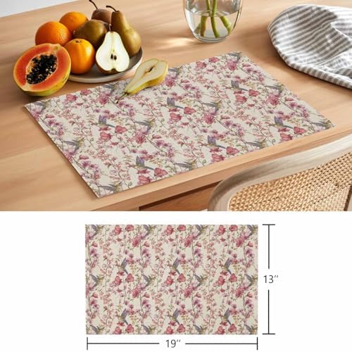 Placemats Set of 8, Pink Beige Flowers Woven Placemat, Linen Place