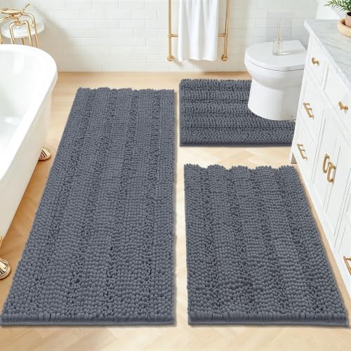HEBE Bathroom Rugs Sets 3 Piece, Non Slip Washable Chenille Bath Mat