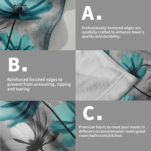 Teal Gray Floral Decorative Hand Towels for Bathroom Rustic Flower