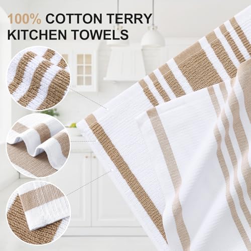 Homaxy Premium Cotton Stripe Kitchen Towels 3 Pack, 18"x 28", Khaki
