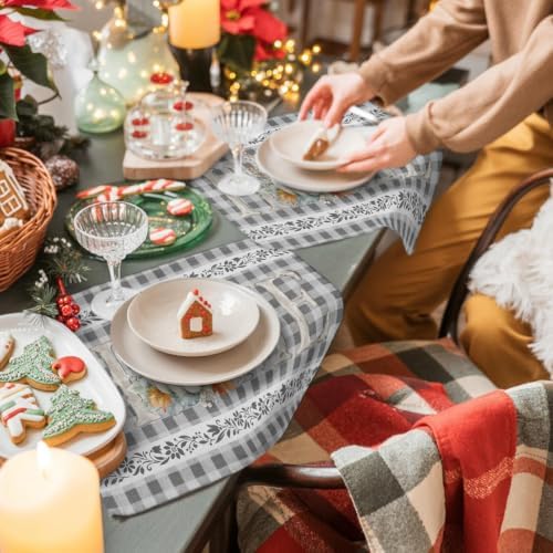 Grey Checked Placemats Set of 8, Cotton Linen Fabric Place Mats