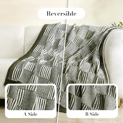 Amélie Home Checkered Knit Throw Blanket for Couch, Olive Green