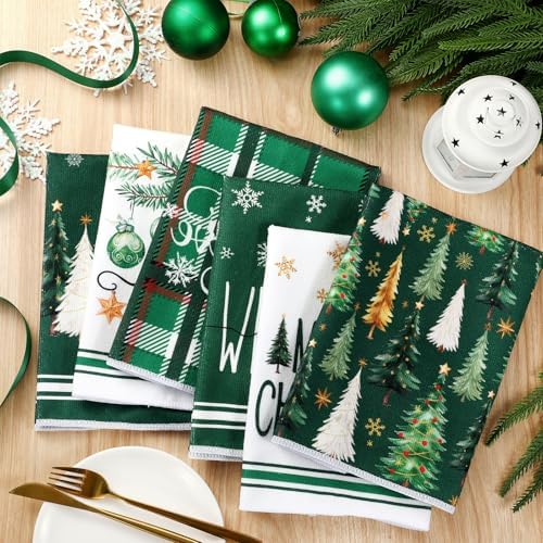 Oudain 6 Pcs Christmas Kitchen Towels Green Plaid Xmas Tree Tea