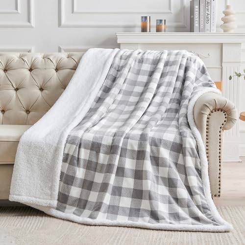 BEDELITE Grey Whtie Buffalo Plaid Sherpa Blanket, Fluffy Twin 60"x80"