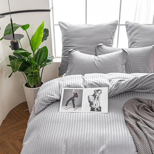 Hotel Duvet Cover King Size Grey Satin Pin Striped 3 Piece Set