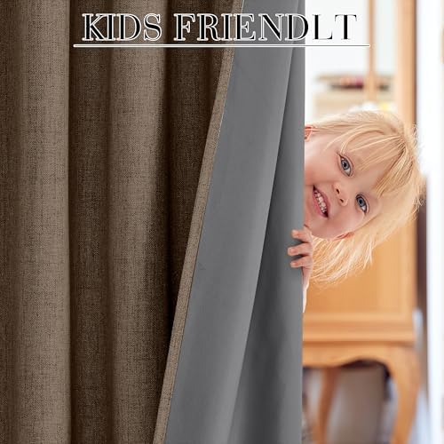 RYB HOME Brown 100% Blackout Linen Curtains 72 Inch Long for Bedroom