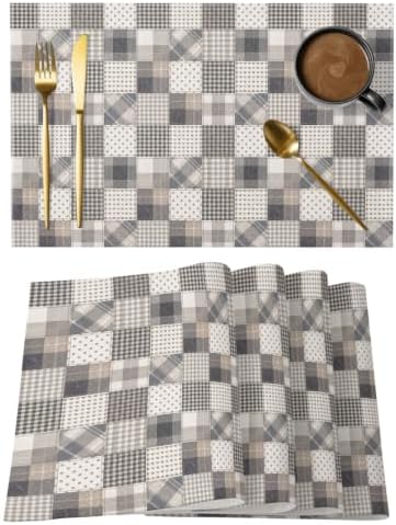 Taupe Gray Grid Placemats Set of 8, Cotton Linen Fabric Place Mats