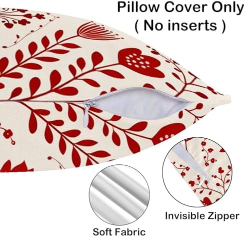 Nordic Folk Floral Throw Pillow Covers 18x18 Set of 2 | Red