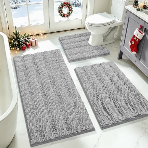ACCUMTEK Striped Light Grey Bathroom Rug Set 3 Pieces Gray Ultra Soft