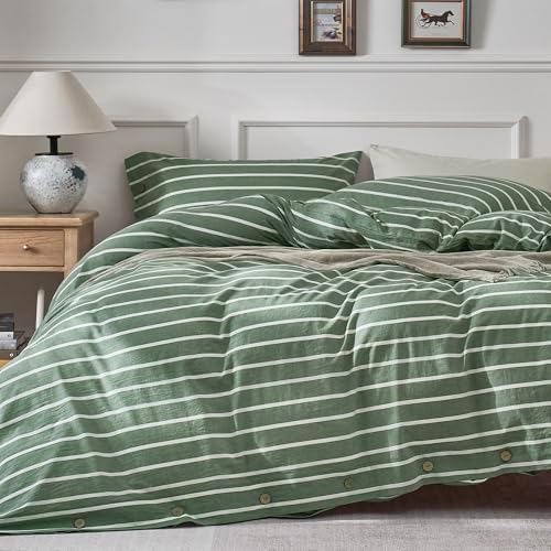 JELLYMONI Cotton Duvet Cover Full Size - Green Striped Comforter Cover