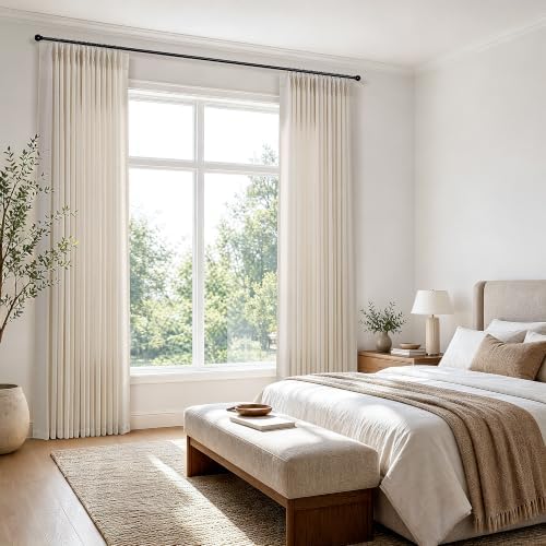 Hokibero Cream Pinch Pleated Linen Curtains 63 Inch Long for Living