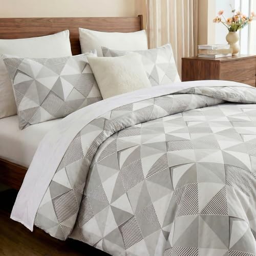 MOVE OVER Beige and Gray Duvet Cover Queen Size, 100% Cotton Bedding