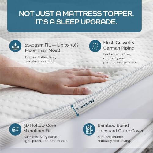 Olive + Crate Bamboo Mattress Topper, Queen Size Pillow Top Pad, 60"x