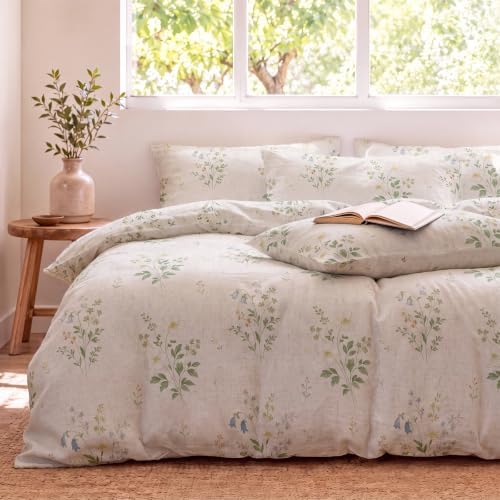 Linen Cotton Duvet Cover Set Queen Size, Green Floral Bedding Set