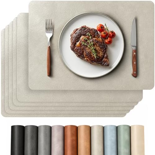 Faux Leather Placemats Set of 6, Wipeable Table Mats, Soft Greige