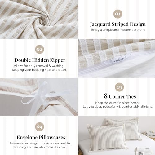 MILDLY Jacquard Striped Duvet Cover Set 2pcs Dual Zipper Khaki Twin