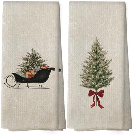 XPH Vintage Christmas Tree Kitchen Dish Towels Set of 2, Christmas