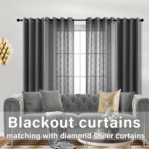 KOUFALL Grey Diamond Pattern Linen Like Sheer Curtain 52 x 63 Inch