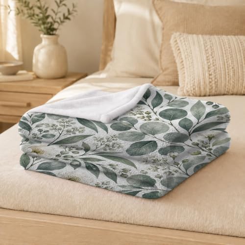Grey Floral Eucalyptus Leaves Print Throw Blanket, Soft Lightweight