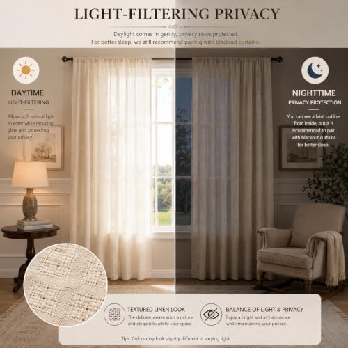 Linen Textured Sheer Boho Curtains for Living Room Rod Pocket Top