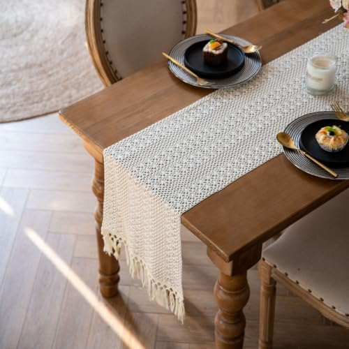 Table Runner Tassel Cotton Linen Pattern Bohemian Beige B 12*108 in