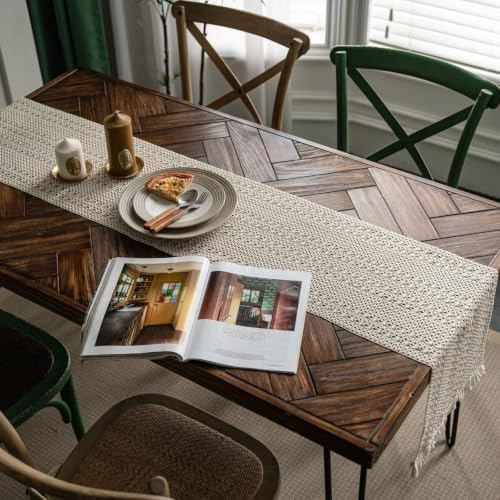 Table Runner Farmhouse Rustic 108 Inches, Hollow Woven Tassels
