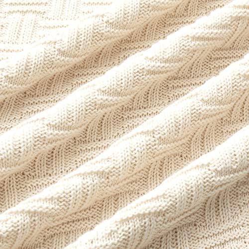 TREELY 100% Cotton Knitted Throw Blanket 50 x 60 Inches, Ivory White