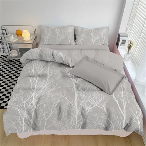 Duvet Cover Set King, Delicate Branches Forest Brushed Microfiber