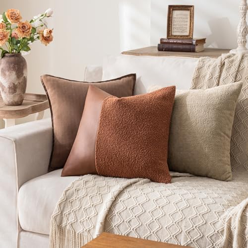 Set of 2 Fluffy Boucle Pillow Covers 22"x22", Rust Red Textured Throw