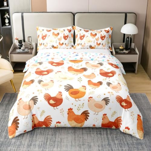 Manfei Hen Rooster Girls Bedding Set Twin Size 100% Cotton, Chicken