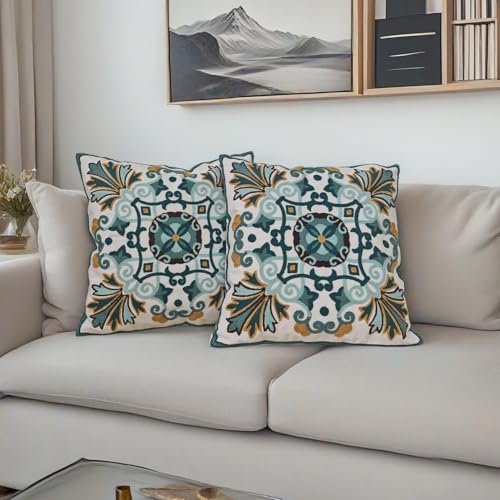 Set of 2 Embroidered Throw Pillow Covers 18x18 Inch, Boho Turquoise