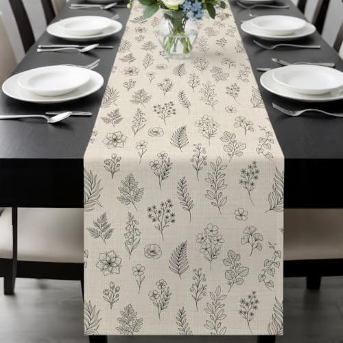 Vintage Beige Botanical Table Runner 108 Inch Long Dresser Scarves