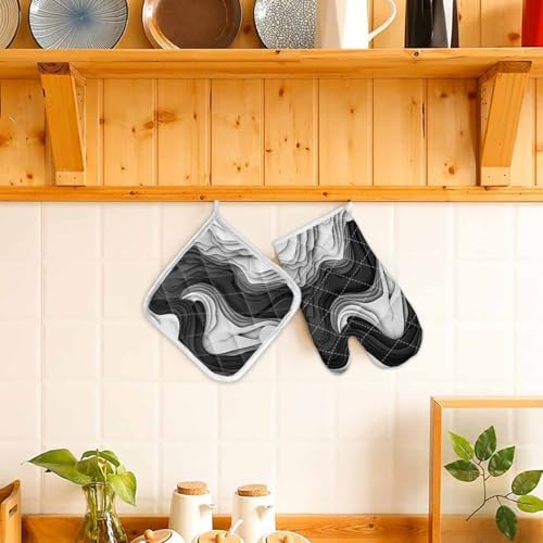 Quilted Cotton Terry Cloth Oven Mitt, Pot Holder Black Gray White