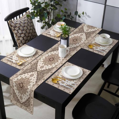 Beige Retro Boho Table Mats Set of 6 with Table Runner 90 Inches
