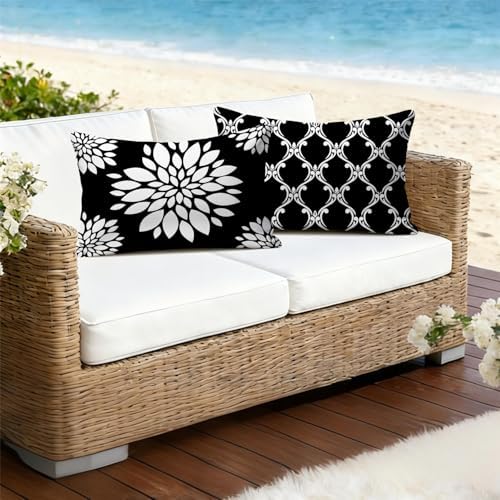 Outdoor Waterproof Throw Pillow Covers 12x20 Set of 4 Black and White