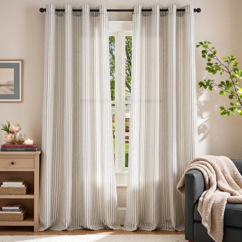 jinchan Linen Curtains 96 inch Taupe Stripe on Linen Grommet 2 Panels