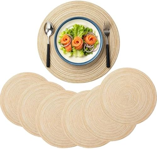 8 Pack 14 Inch Round Beige Charger Placemats Bohemian Braided Table