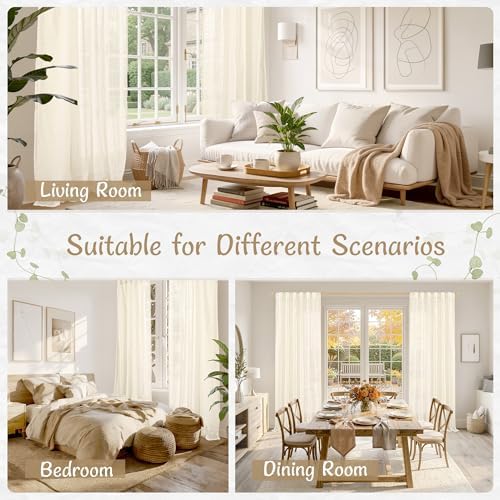LAMIT Beige Sheer Linen Curtains 63 Inch for Bedroom, 52 x 63 Inch