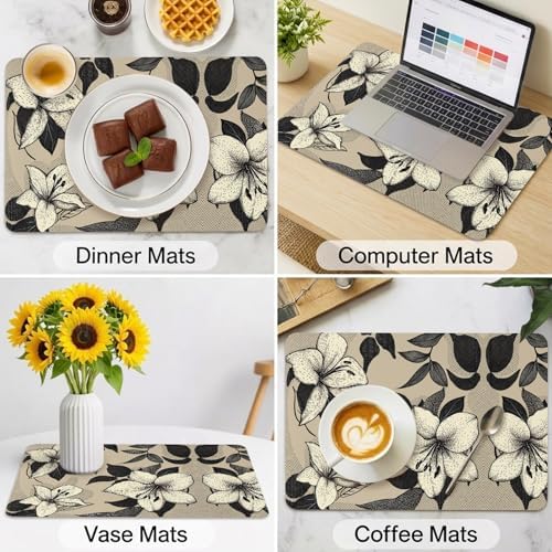 Vintage Beige Flower Black Leaf Leather Placemats Set of 6,12x18