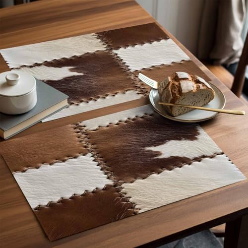 Placemats Set of 8, Brown White Leather Texture Woven Placemat, Linen