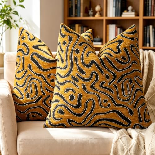 Set of 2 Fall Mustard Yellow Chenille Abstract Swirl Throw Pillow