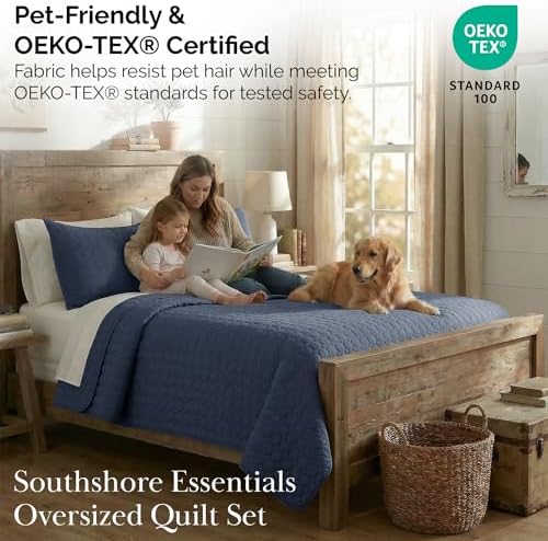 Oversized Quilts for King Bed w/ 2 Matching Quilted Pillow Shams, Navy