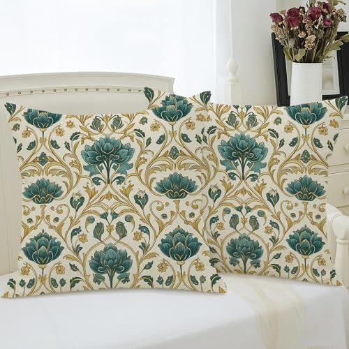 Vintage Floral Pillow Covers Set of 2, Teal and Gold Botanical Print