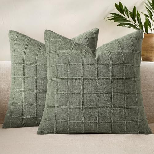 Set of 2 Linen Plaid Pillow Covers 18x18 Inch, Light Olive Green