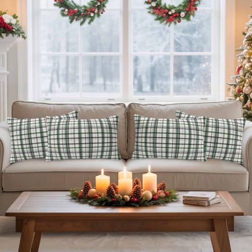 Sage Green Plaid Outdoor Pillow Covers 20"x12" Set of 2, Waterproof